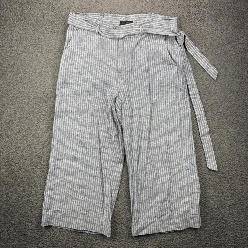 Banana Republic Womens 12 Blue White Striped Linen Blend Wide Leg Crop Pants